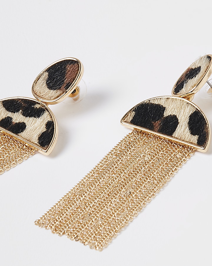 Gold colour brown leopard tassel earrings