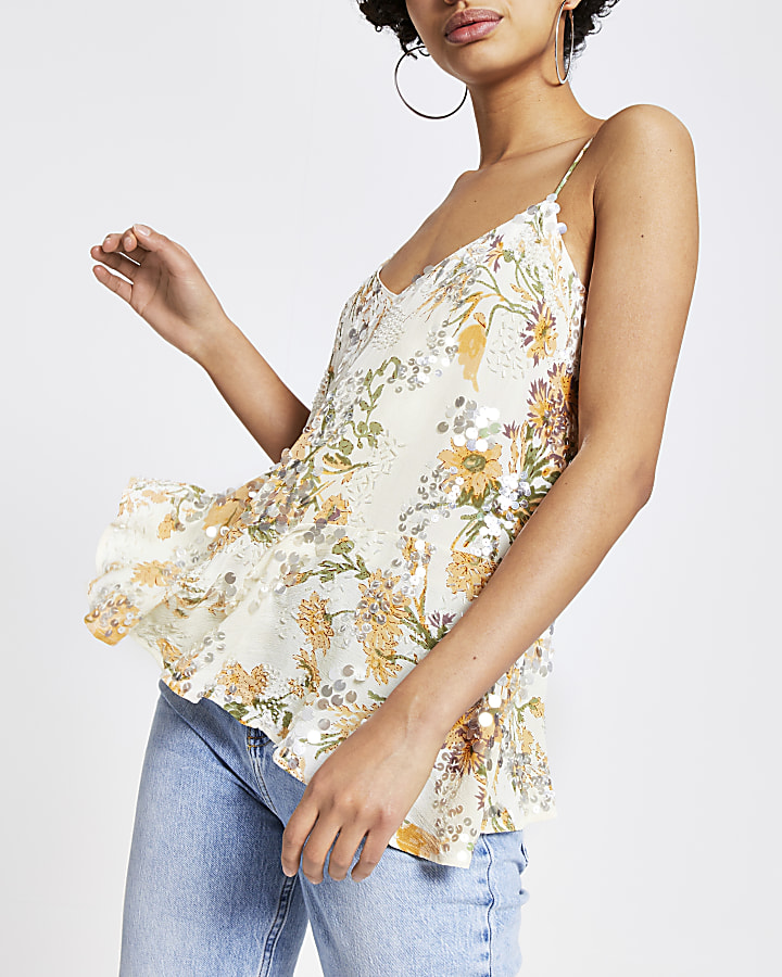 Yellow floral sequin cami top