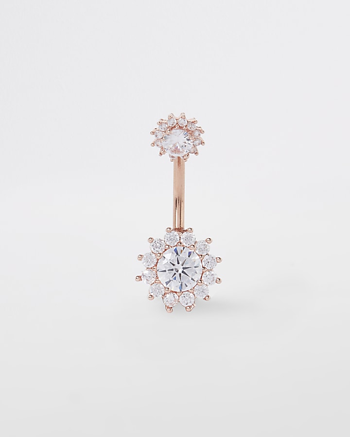Rose gold colour zirconia floral belly bar