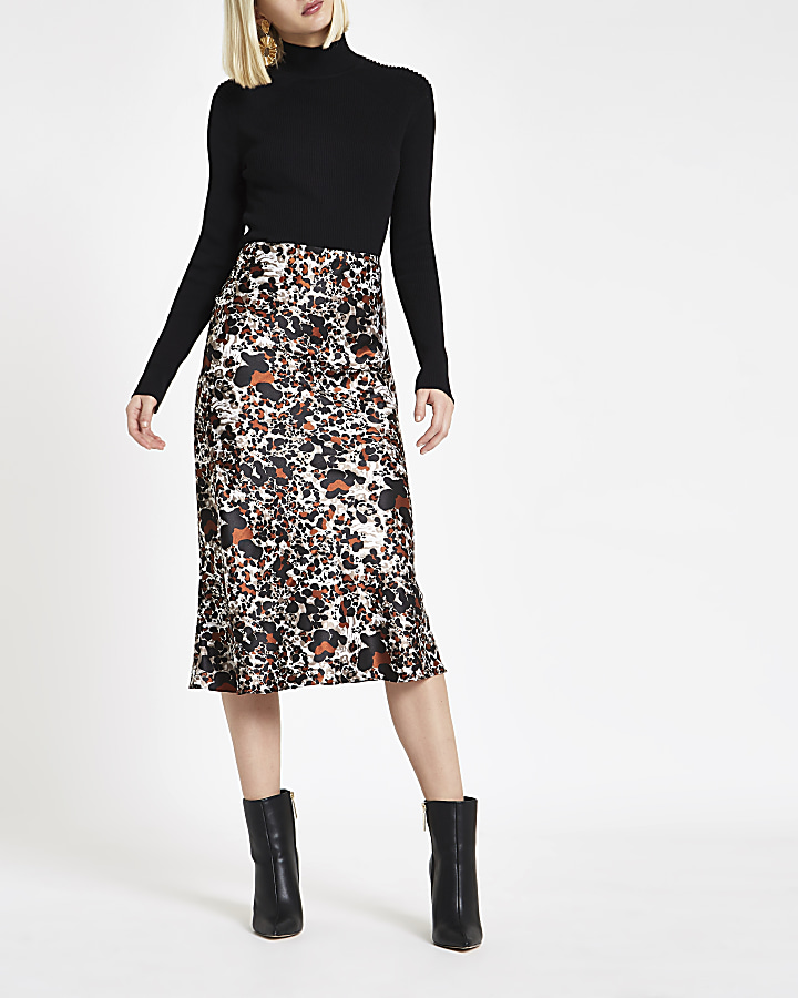 Rust leopard print  bias cut midi skirt