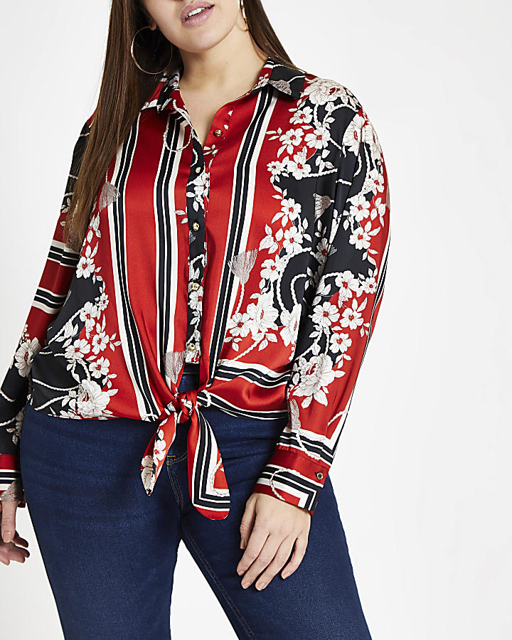Plus red print tie front shirt
