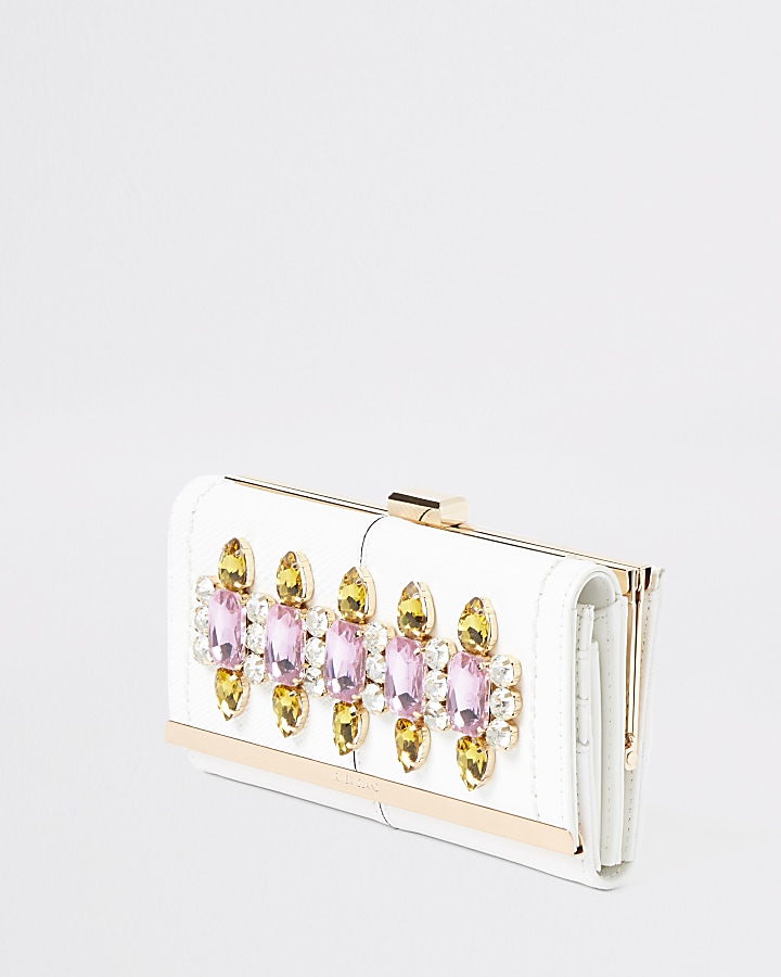 White gem embellished clip top purse