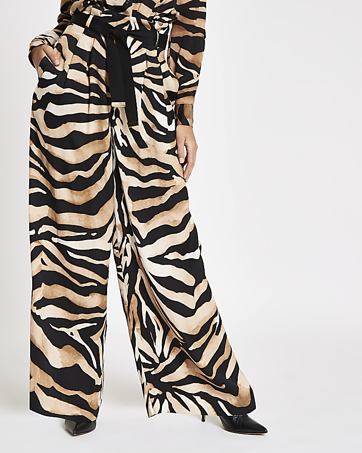Brown wide leg tiger print trousers