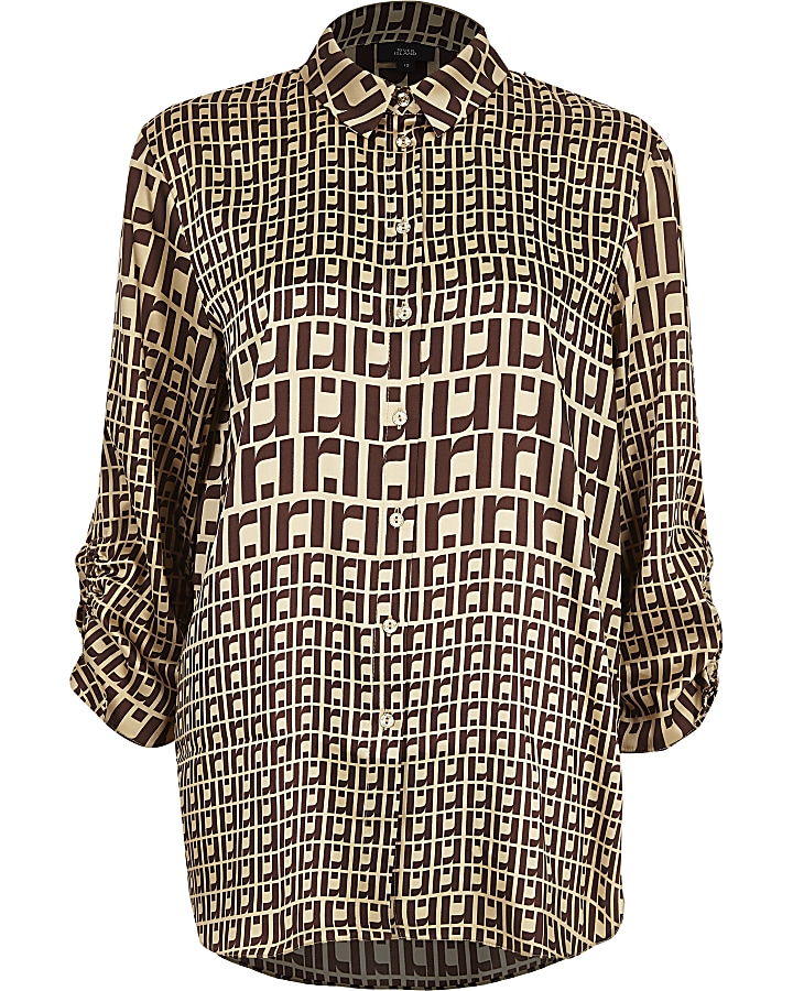 Brown RI monogram ruched sleeve blouse