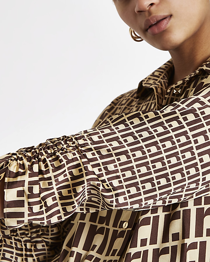 Brown RI monogram ruched sleeve blouse