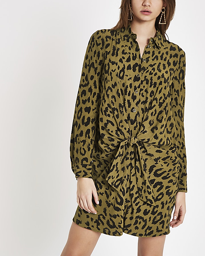 Khaki leopard print twist front shirt dress