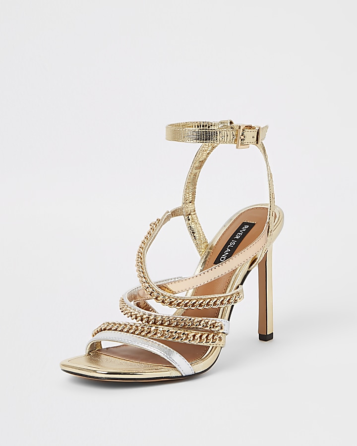 Gold multi chain strap heel sandal