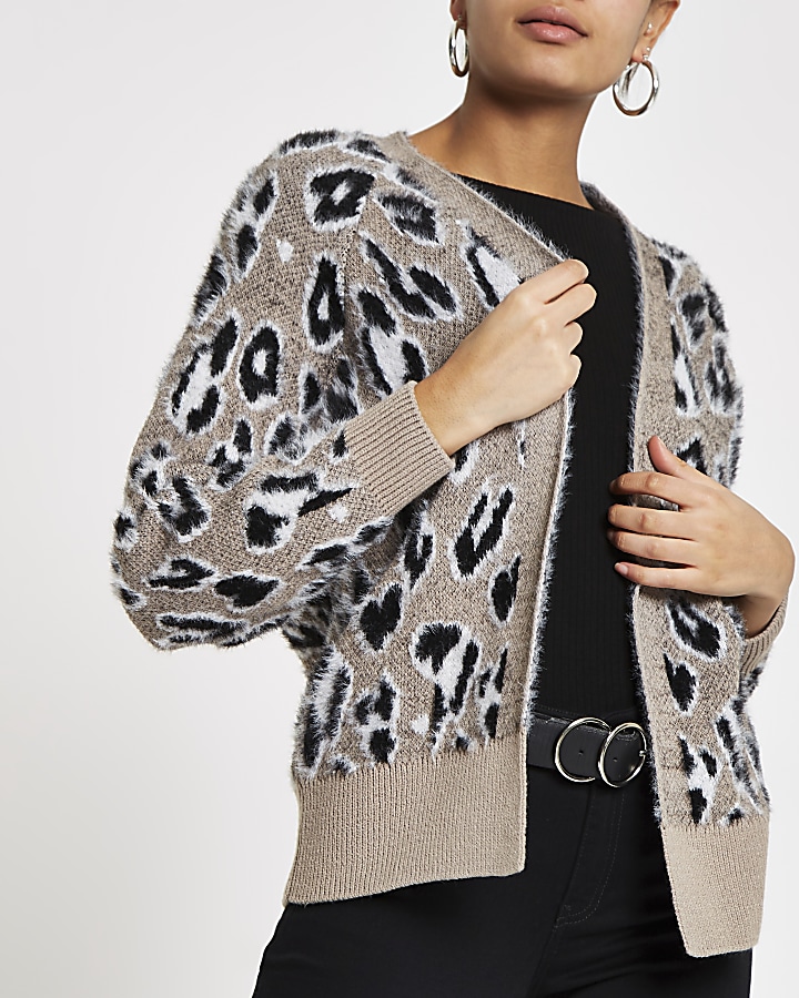 Grey leopard print fluffy knit cardigan