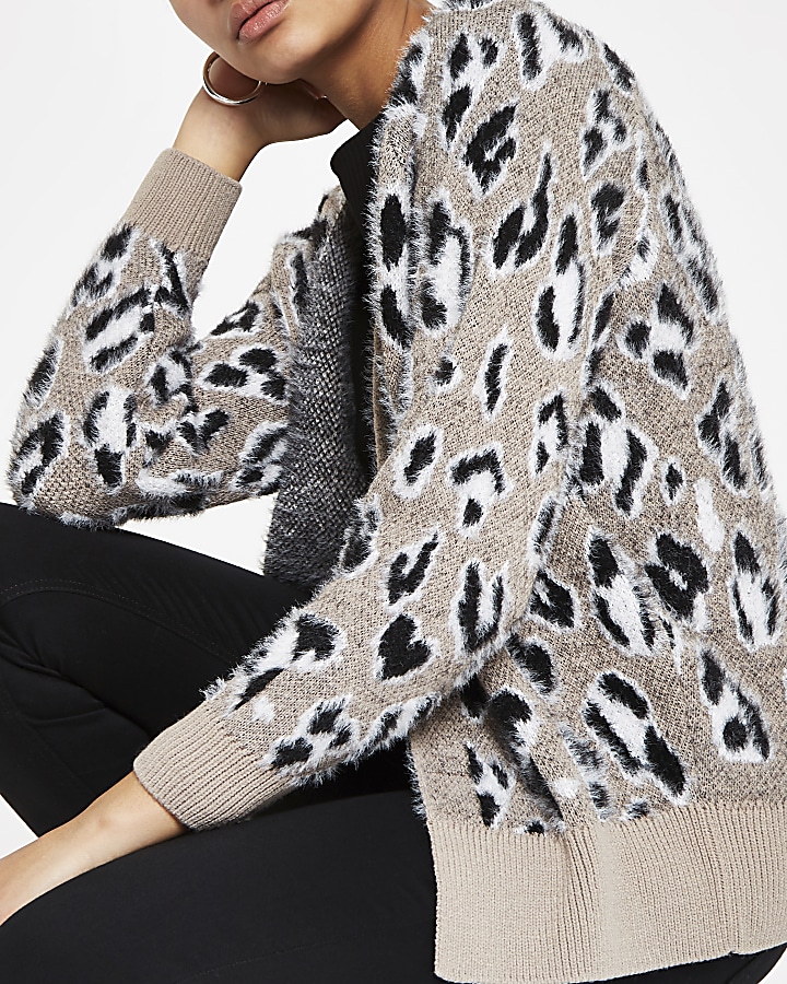 Grey leopard print fluffy knit cardigan