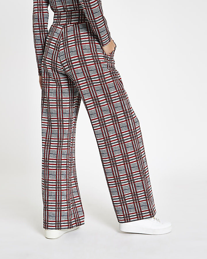 Red check wide leg trousers