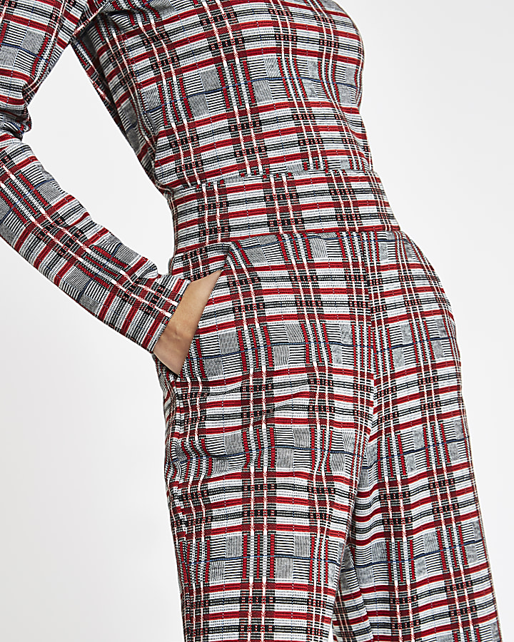 Red check wide leg trousers