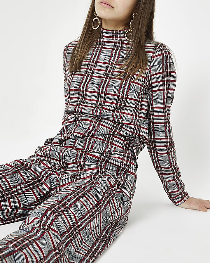 Petite red check wide leg trousers