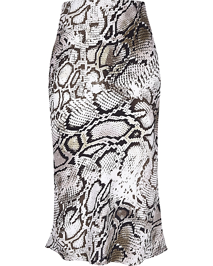 Grey snake print bias cut midi skirt