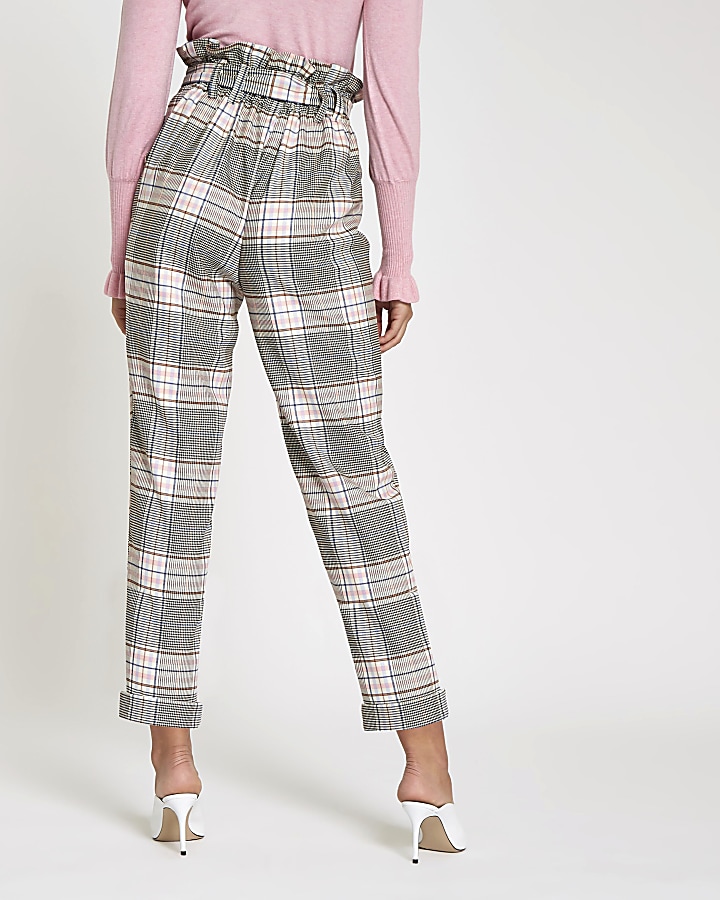 Pink check paperbag ring belt peg trousers