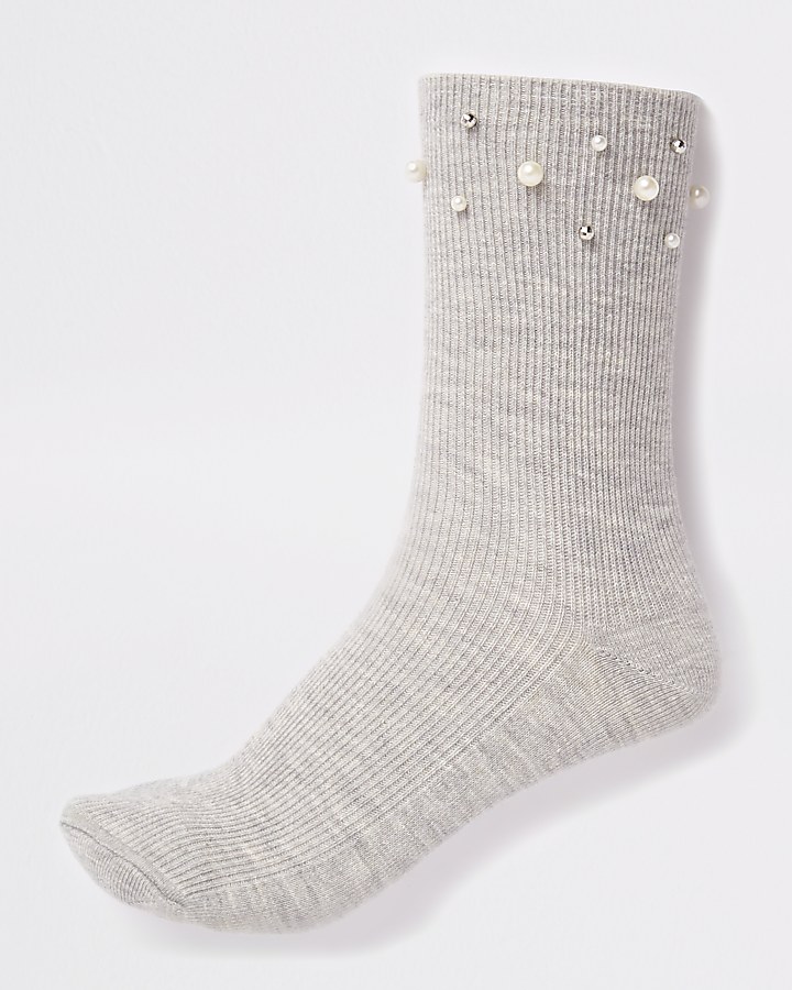 Grey pearl trim socks