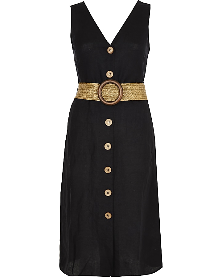 Petite black belted linen midi dress