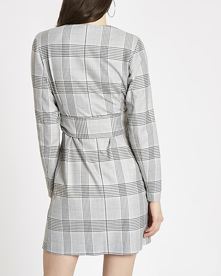 Grey check belted wrap dress