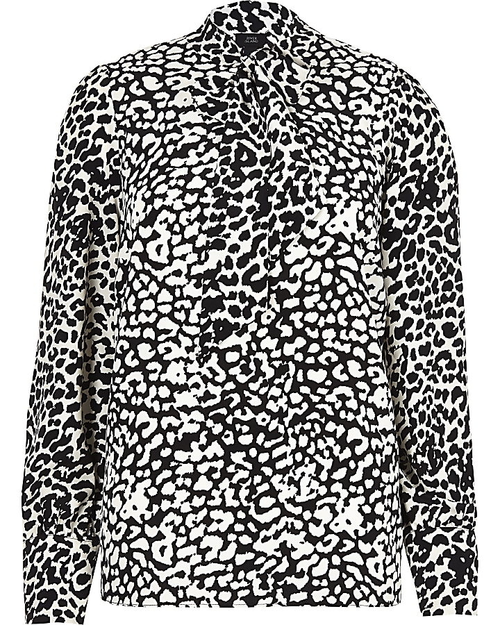 Black leopard print tie neck blouse