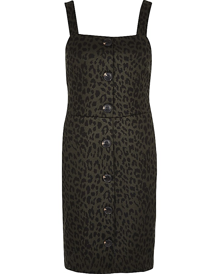 Khaki leopard print pinafore dress