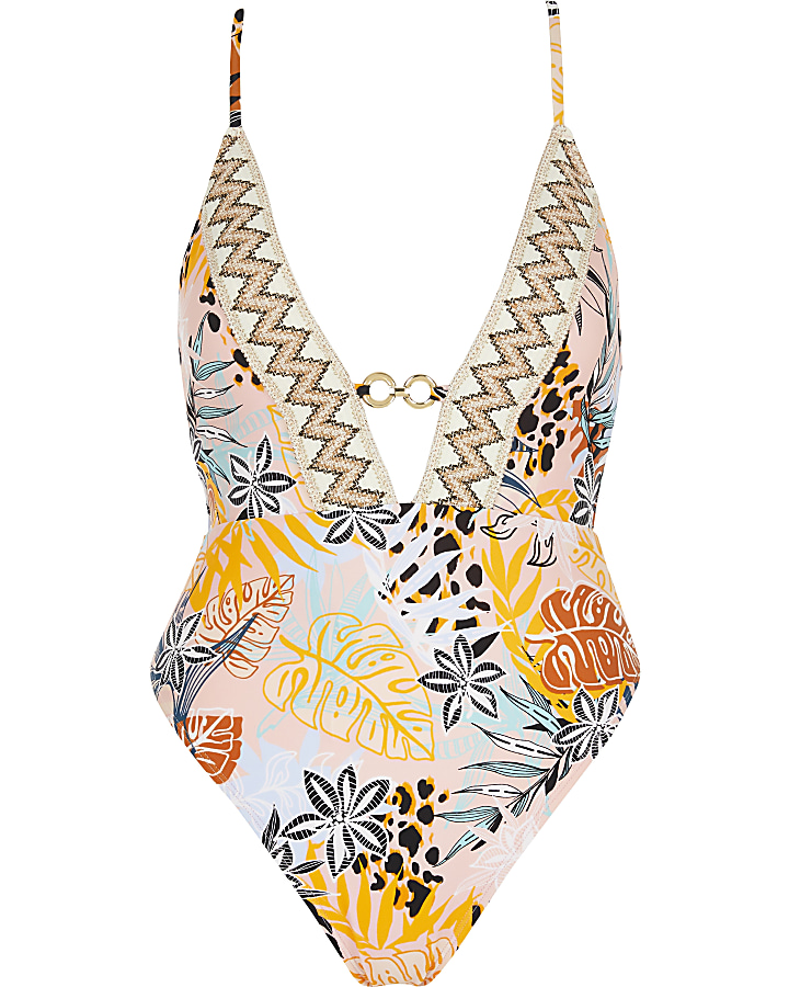 Pink tropical print plunge swimsuit
