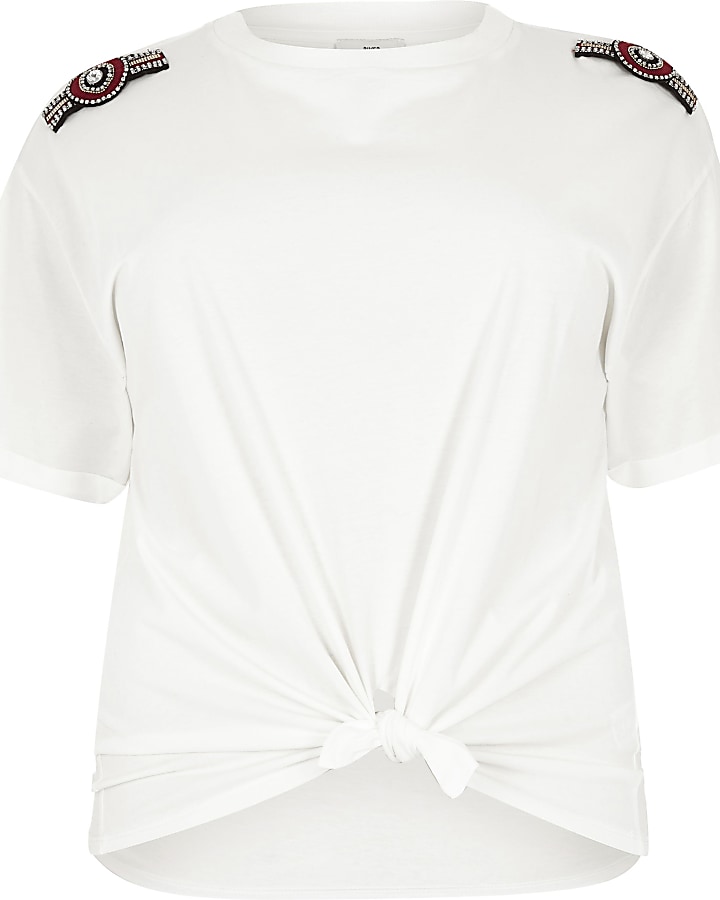 Plus white embellished tie front T-shirt
