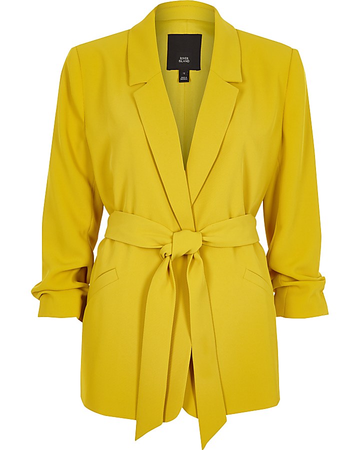 Yellow ruched sleeve belted blazer