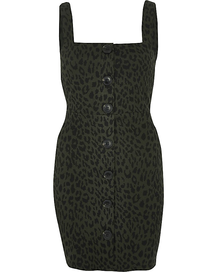 Petite khaki leopard print pinafore dress