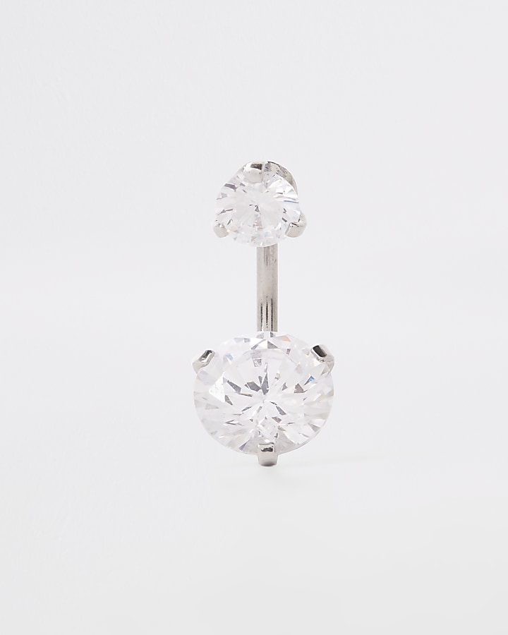 Silver colour large cubic zirconia belly bar