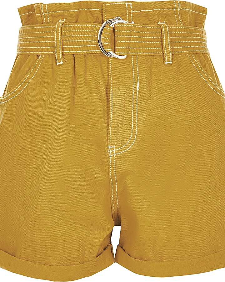 Dark yellow paperbag denim shorts