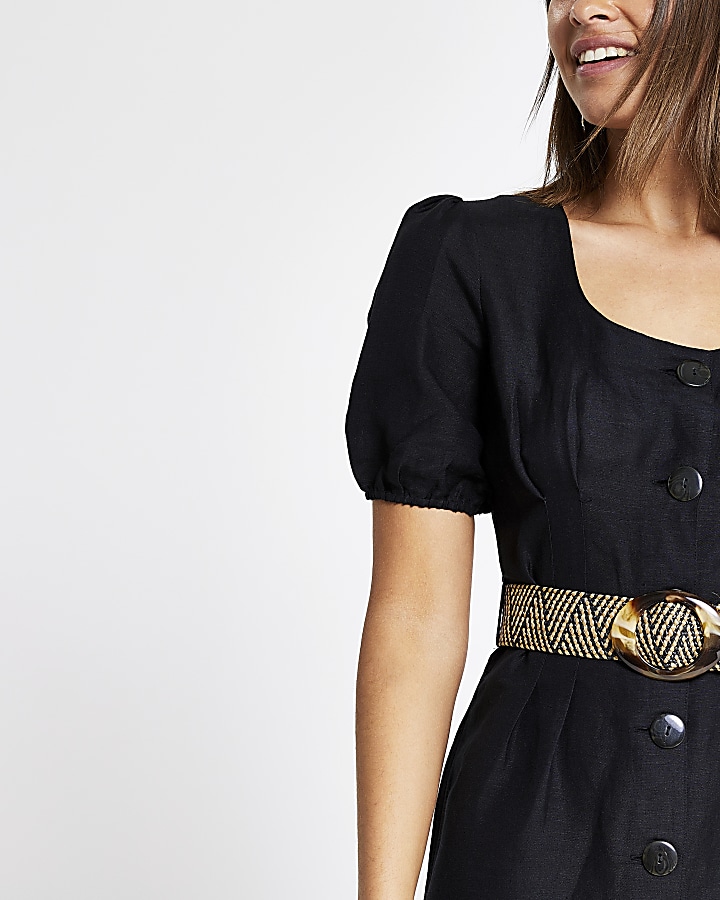 Black button front belted linen mini dress