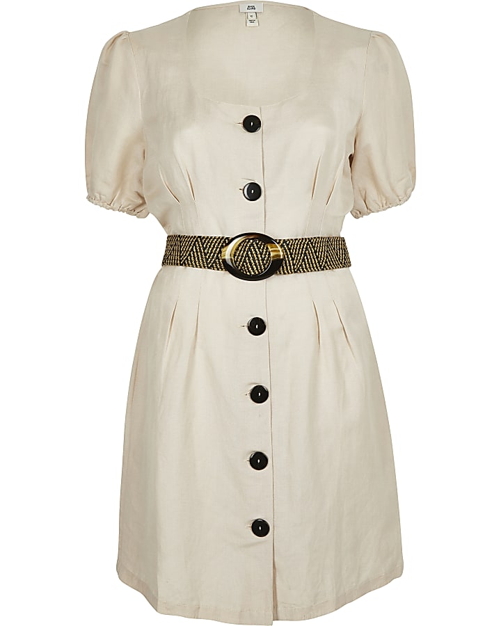 Beige belted button front linen dress