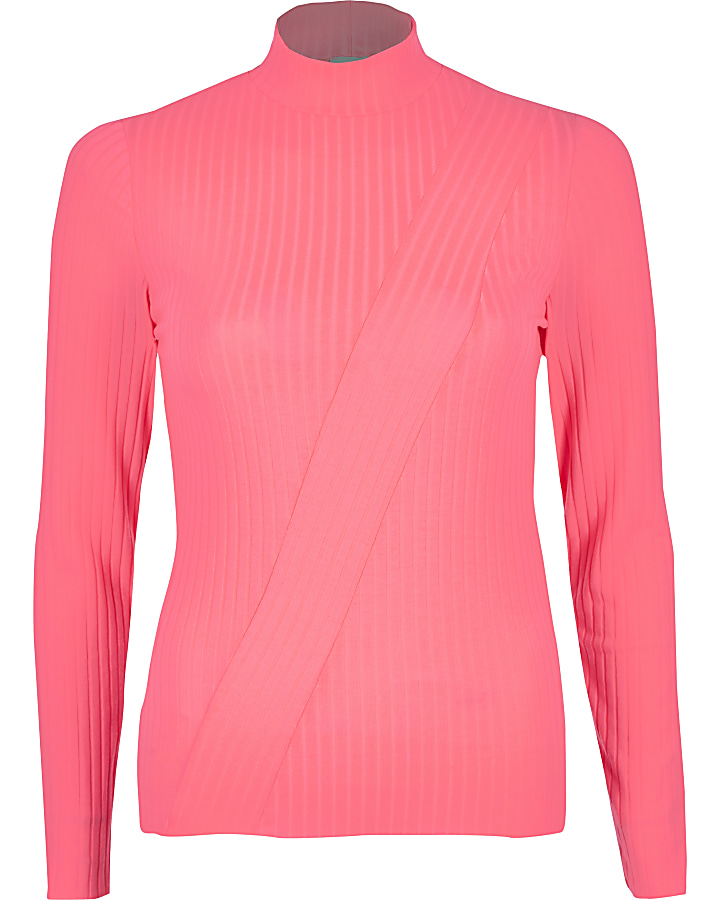 Bright pink ribbed high neck top