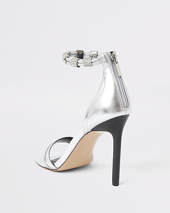 Silver diamante strap skinny heel sandal
