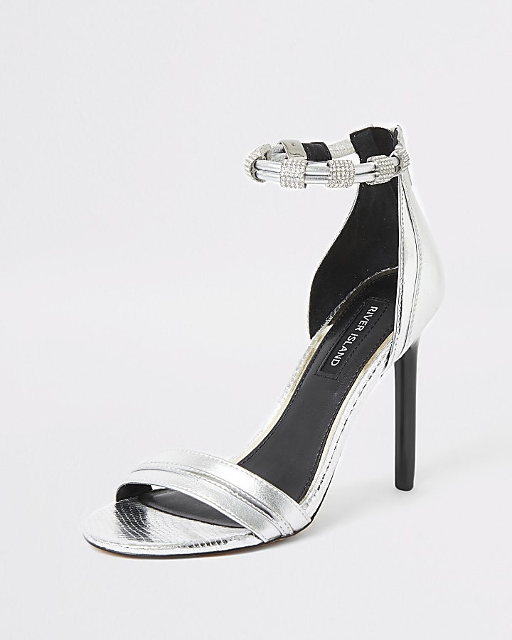 Silver diamante strap skinny heel sandal