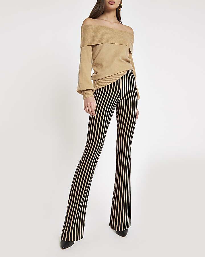 Beige stripe flare trousers