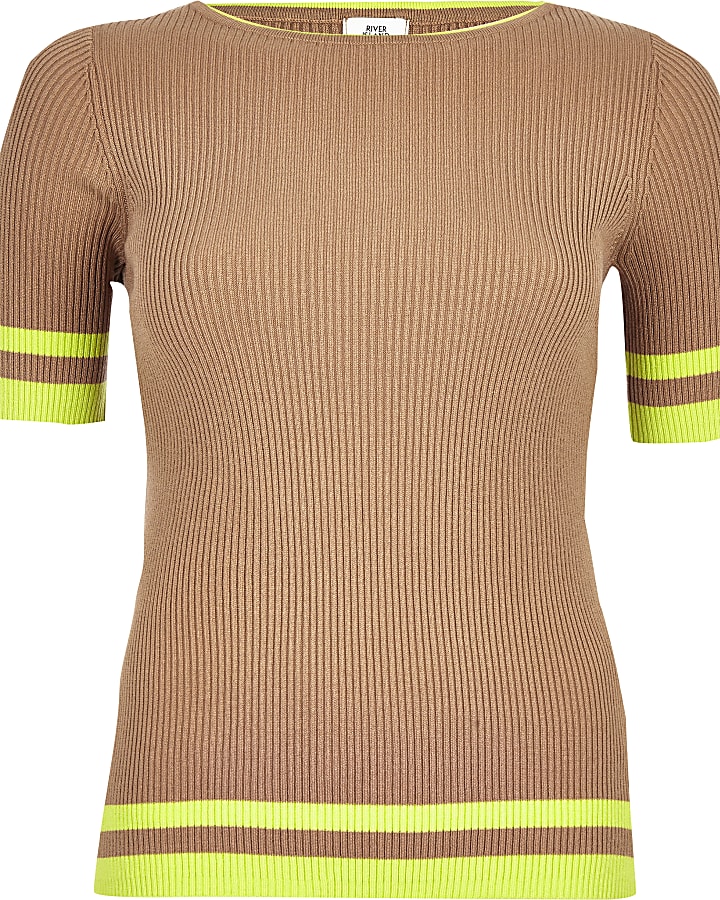 Light brown neon tipped knitted T-shirt