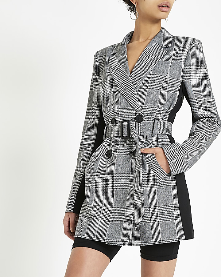 Grey check double breasted belted blazer