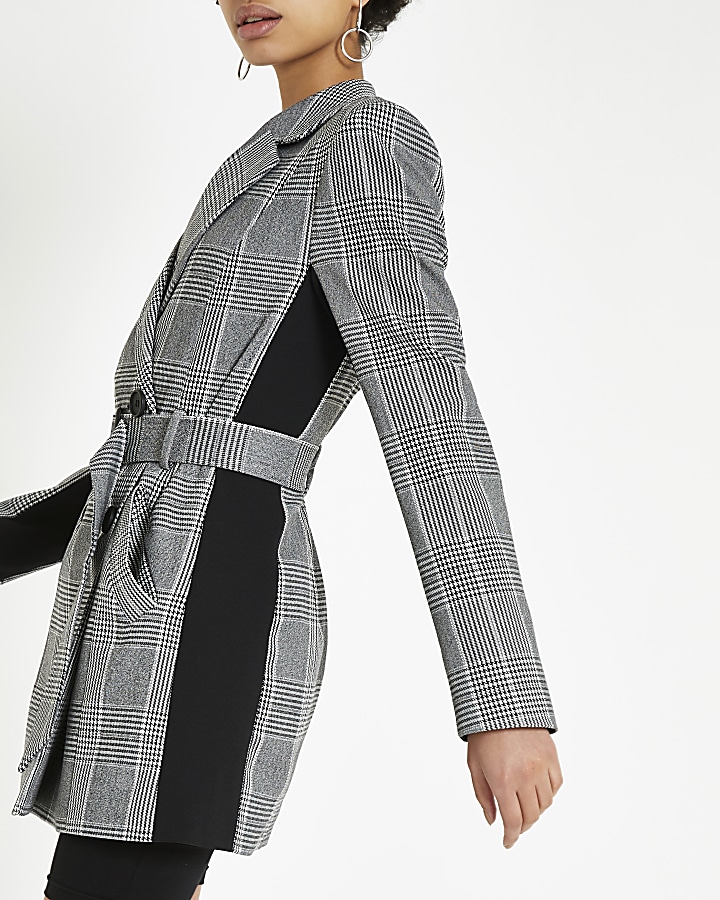 Grey check double breasted belted blazer