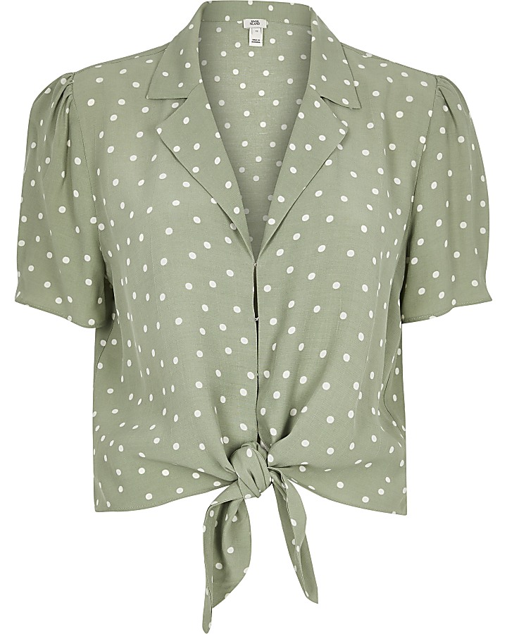 Green spot tie front crop shirt