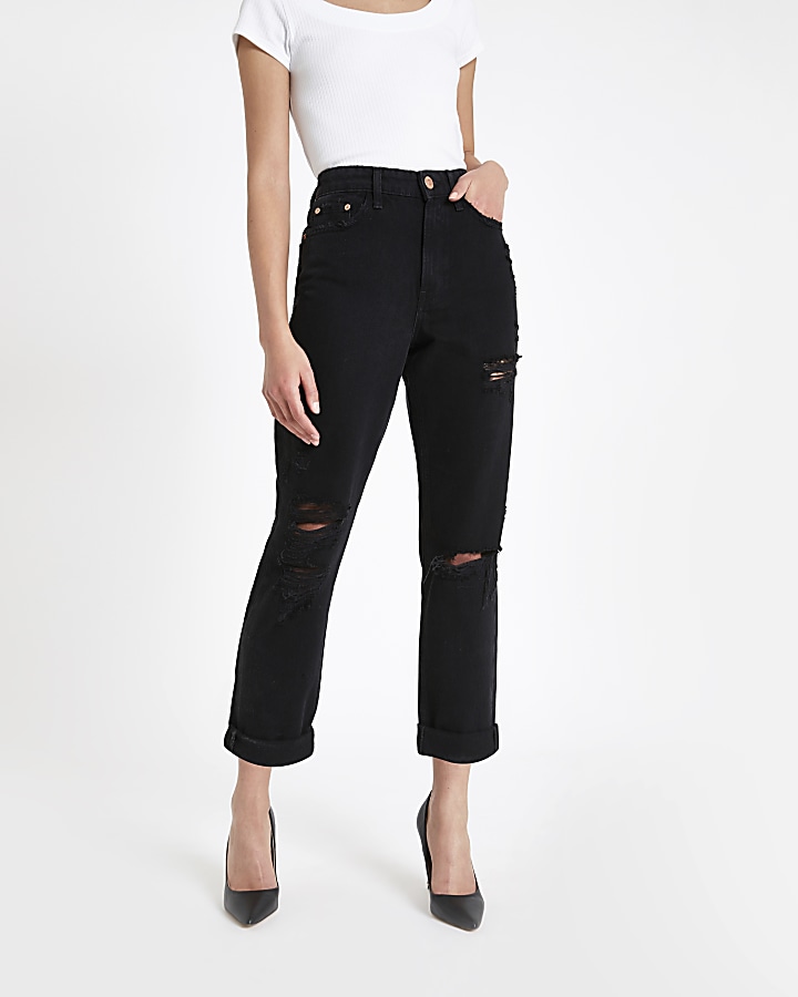 Black wash mom fit ripped jeans