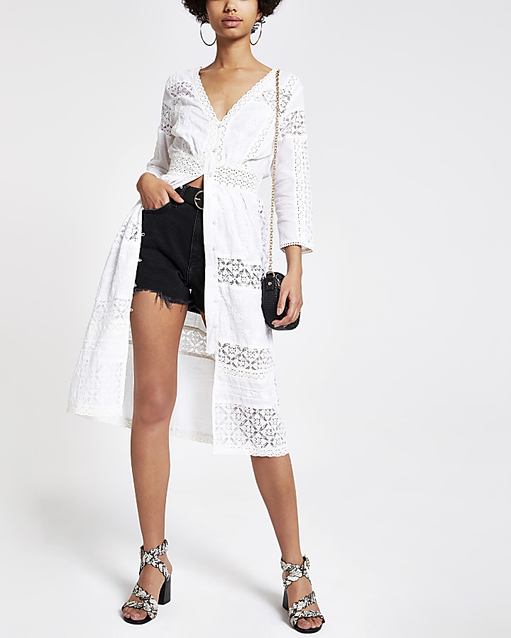 White embroidered shirt dress