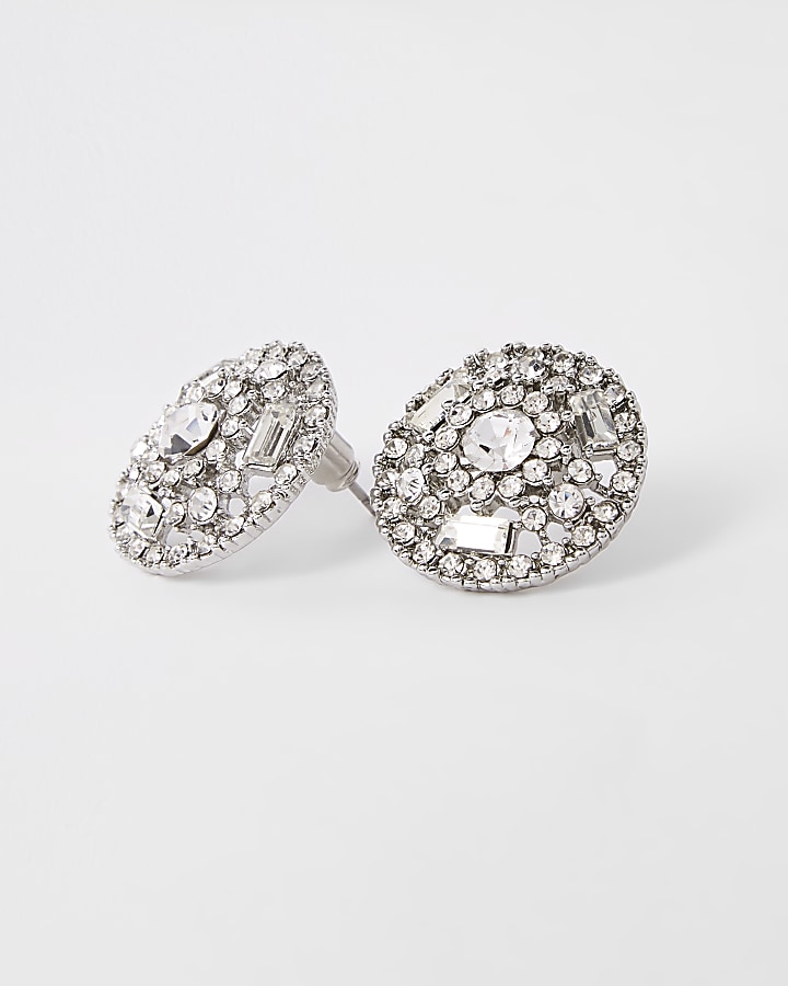 Silver colour round diamante stud earrings