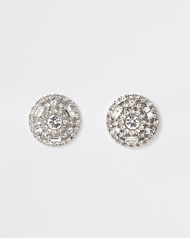 Silver colour round diamante stud earrings