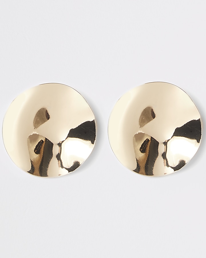 Gold colour hammered disc stud earrings
