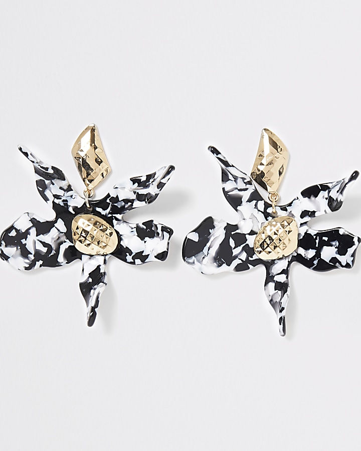 Black mono print flower drop earrings