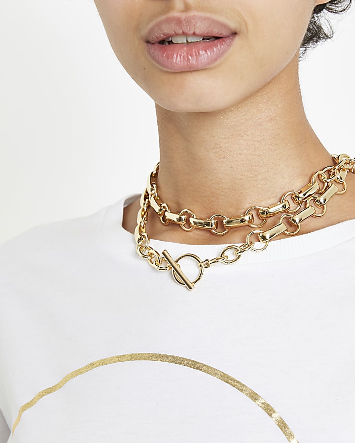 Gold colour chain link T bar necklace