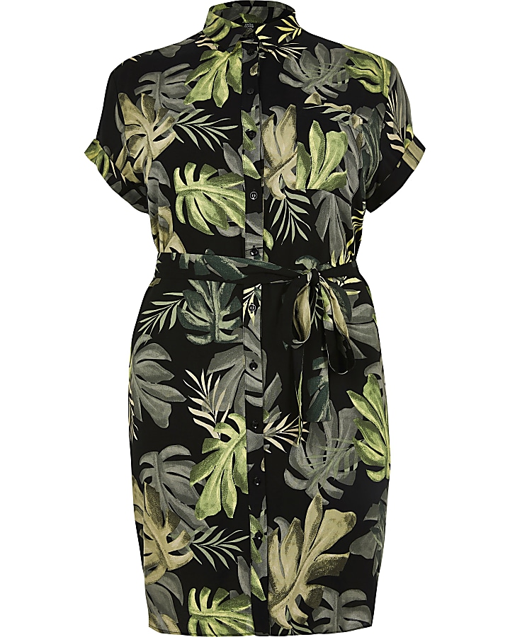 Plus green palm print shirt dress