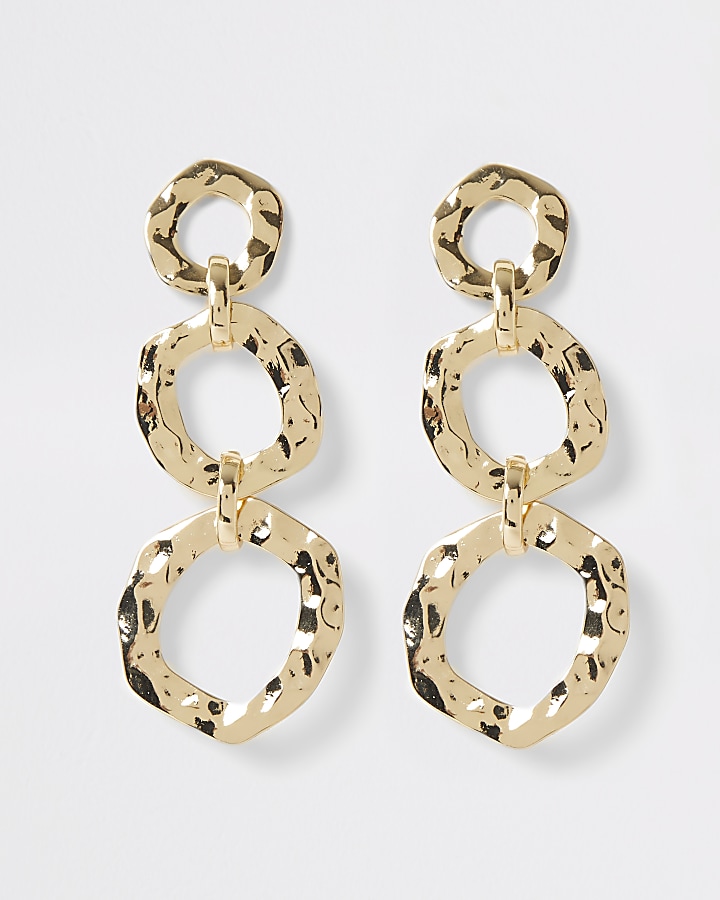 Gold colour battered triple drop earrings