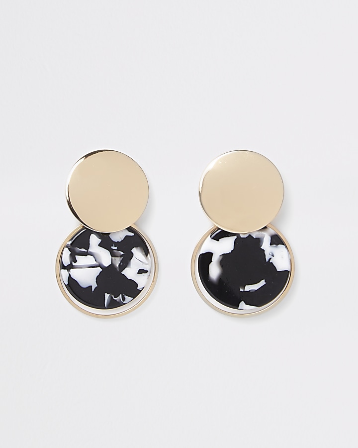 Black mono print circle drop earrings