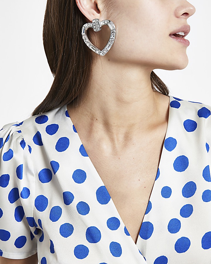 Silver colour diamante heart earrings